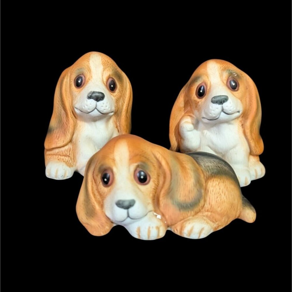 Vintage‎ Homco Basset Hound Figurines Set Of 3 Hand-Painted Ceramic Collectibles